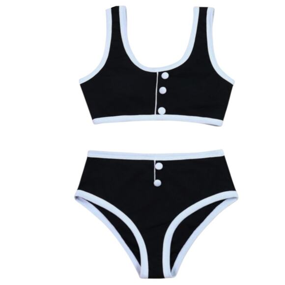 Black White Contrast Trim Ribbed High-Waisted Bikini Set Commense Size L - Picture 1 of 5